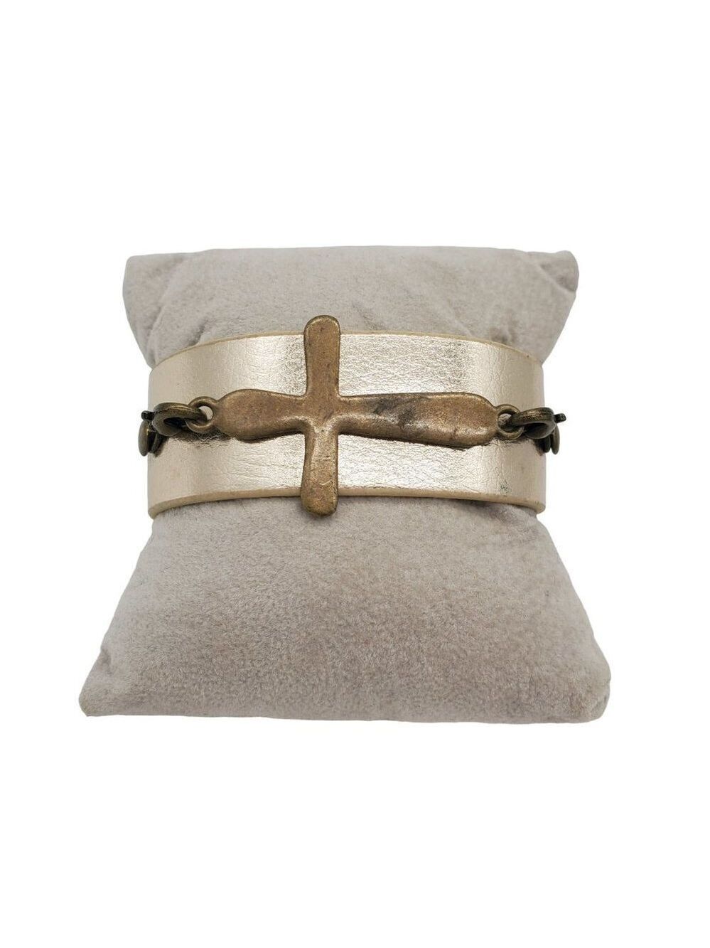 JEWELRY Silver Cross Faux Leather Band Bracelet Size 8" Length